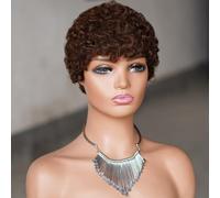 Peluca Mujer, Afro Kinky Curly Human Hair Pelucas Cortas para Mujeres Negras Fluffy Tight Curls Natural Looking Glueless Hair Replacement Wig,Marrón