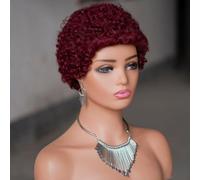 Peluca Mujer, Afro Kinky Curly Human Hair Pelucas Cortas para Mujeres Negras Fluffy Tight Curls Natural Looking Glueless Hair Replacement Wig,Wine
