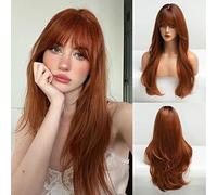 Peluca naranja HAIRCUBE con Bangs Pelucas rizadas rojas de cobre largas para mujeres Peluca larga Auburn Peluca sintética natural resistente al calor para uso diario