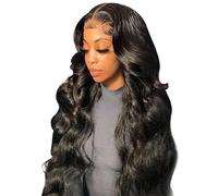 Peluca negra cabello humano de 24 pulgadas peluca frontal de encaje de ola, preprovolada y sin glúteos para un aspecto natural