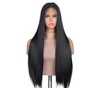 Peluca negra con flequillo for mujer, larga y recta, de pelo sintético resistente al calor, for uso diario, fiestas, Halloween, cosplay, 24 pulgadas.(Black)