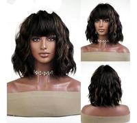 Peluca negra con flequillo, pelucas naturales para mujeres, peluca sintética ondulada corta, cabello resistente al calor para uso diario y fiestas, LC8087-1