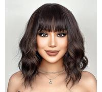 Peluca negra con reflejos marrones, peluca corta ondulada marrón con flequillo para mujeres negras, pelucas de repuesto de cabello sintético, densidad del 150 %, 14 pulgadas
