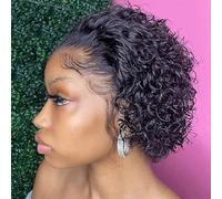 Peluca negra encaje con corte Pixie corto y rizado, corte Pixie corto y rizado 6 pulgadas, cabello humano con frente encaje HD 13X4, peluca resistente al calor, for uso diario en fiestas de mujeres.