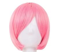 Peluca negra Fei-Show de fibra sintética resistente al calor con flequillo oblicuo, ondulada corta, para cosplay, Halloween, carnaval, cabello de mujer, postizos, color rosa, 12 PULGADAS