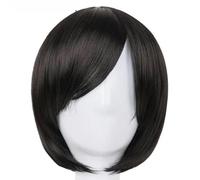 Peluca negra Fei-Show de fibra sintética resistente al calor con flequillo oblicuo, ondulada corta, para cosplay, Halloween, carnaval, postizos para mujer, color negro natural, 12 PULGADAS