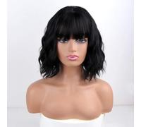 Peluca negra ondulada corta con flequillo, pelucas bob negras cortas para mujeres 12in
