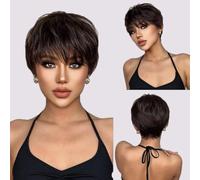 Peluca negra y marrón con flequillo Pelucas sintéticas para mujeres negras Pelucas cortas con ondas naturales para mujeres