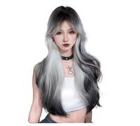 Peluca Ombré En Blanco Y Negro De 26 Pulgadas Con Flequillo Peinado Hacia Un Lado con Raya En Medio Y Largos Rizos para Peinados Cotidianos, Fiestas De Cosplay Y Halloween