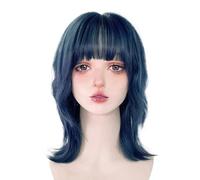 Peluca ondulada de Bob corto azul con flequillo de aire for mujeres, pelucas rizadas hasta los hombros for uso diario, cosplay y fiestas temáticas Suave y Natural