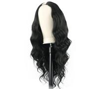 Peluca ondulada larga y rizada con parte en V, peluca de repuesto de pelo sintético con clip for mujer de 24 pulgadas(Natural Black)