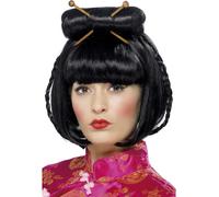 Peluca Oriental China Girl Con Palillos Negros Para Damas Vestido Chino Elegante