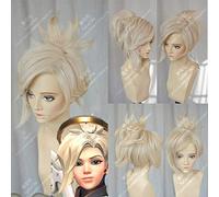 -Peluca para Cosplay Angela Mercy Corto Lino Rubio Chip Cola de Caballo Resistente al Calor Cosplay Peluca Juego OW