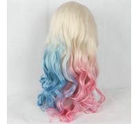 -Peluca para cosplay Harley Quinn Peluca Cosplay Rubio blanco 60 Ombre Mitad rosa/mitad azul Pelucas delanteras de encaje para mujeres Pelucas sintéticas de onda larga Drag Queen 24 pulgadas