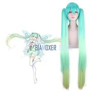 -Peluca para cosplay Peluca de cosplay de anime Degradado verde 2 coletas Gorro de peluca de pelo Vocaloid Hatsune Miku Car Racing Cosplay Anime Peluca recta larga completa 120 cm Gorro gratis