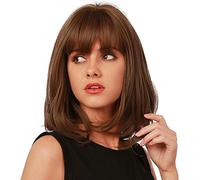 Peluca para mujer con flequillo, peluca corta estilo bob, color marrón degradado, peluca lacia, sintética, natural, resistente al calor, parte lateral, longitud de los hombros