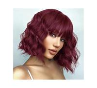 Peluca para mujer Peluca de cabello humano 100% con flequillo, color rojo, corto, ondulado y profundo, for mujer. Para uso diario en fiestas(14inches)