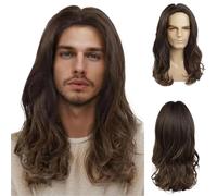 Peluca Peluca de pelo largo marrón for hombre con cubierta cabeza esponjosa dividida en mitad