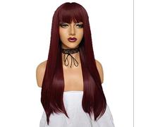 Peluca Peluca Femenina Europa Y América Flequillo Rojo Profundo 26 Pulgadas Cabello Largo Y Liso Pelucas De Fibra Química Red Rosa Suave Alta Densidad