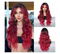 Peluca Peluca llena de Halloween de la moda del pelo largo y rizado de la onda grande del flequillo de ocho caracteres del gradiente rojo(Meera Red)