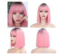 Peluca Pelucas Sintéticas Pelucas Cortas Rectas Bob Con Flequillo Para Mujeres Negro Rosa Púrpura Rojo Pelucas Naturales Pelucas Grises Para Mujeres (1B Rosa)