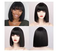 Peluca Pelucas Sintéticas Pelucas Cortas Rectas Bob Con Flequillo Para Mujeres Negro Rosa Púrpura Rojo Pelucas Naturales Pelucas Grises Para Mujeres (Negro 14 Pulgadas)