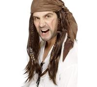 Peluca Pirata Caribeña Marrón Larga + Bandana Disfraz De Adulto