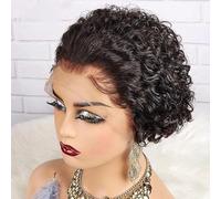 Peluca Pixie rizos cortos 6 pulgadas, peluca corte pixie encaje 13x1, cabello humano rizado, peluca resistente al calor, pelucas cortas corte Pixie for mujeres negras, peluca corta rizada de agua.(Bla