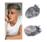 Peluca Que Cubre la Calvicie Para Hombres Tupé for hombres de cabello humano 8 "x10" Mono duradero con base de PU Tupé for hombres # 1B Negro con color gris Frente de encaje Sistema de reemplazo de ca