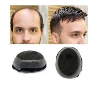 Peluca que cubre la calvicie Tupé for hombres Mono Lace con PU alrededor y encaje francés en el frente Tupé for hombres 10x8 pulgadas Reemplazo de cabello indio Postizo for hombres, # 1B Color negro P