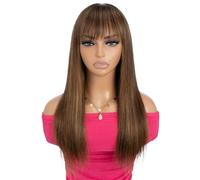 Peluca recta de moda con flequillo, peluca de cuero cabelludo de encaje de cabello humano 3x1 for mujeres pelucas sin pegamento Wear and Go Wiglets(Highlight Brown,14 inch)