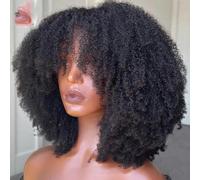 Peluca rizada afro con flequillo, cabello humano, hecha a máquina, peluca superior del cuero cabelludo, densidad 200, pelucas rizadas cortas brasileñas, 24 pulgadas, densidad 200, color natural