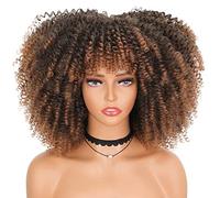 Peluca rizada Afro de 14 pulgadas con flequillo pelucas rizadas Afro marrón para mujeres negras peluca rizada rizada pelucas de repuesto de cabello sintético