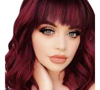 Peluca rizada Bob con flequillo pelucas de color rojo vino de onda corta para mujeres estilo bob sintético Heiatsistant Bob Wigs