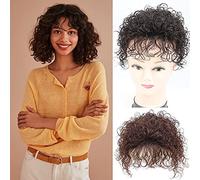 Peluca rizada con clip para mujer, sin costuras, cierre esponjoso, 13 x 14 cm, base rosa, flequillo recto, color negro