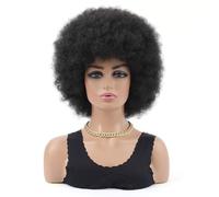 Peluca rizada corta de los años 70, pelucas sintéticas sin pegamento de 8 pulgadas con flequillo, hinchable y esponjosa for mujeres todos los días(Black)