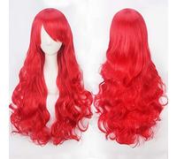 Peluca rizada de 80 cm de largo Mujeres pelucas de color rojo burdeos cosplay Pelo sintético Halloween 80 cm Pelucas rojas onduladas largas + gorro de peluca peluca ondulada común K027-09