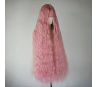 Peluca rizada de lana extralarga rosa de 1m/39,4 pulgadas, peluca de cabeza completa con flequillo for Lolita Halloween Play Cosplay