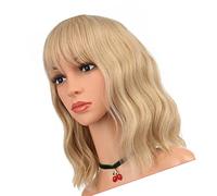 Peluca Rizada Falsa, Sintética, Suave, Transpirable, Corta, Rizada, Peluca de Pelo Ondulado con Flequillo para Mujer (Oro claro)