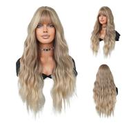 Peluca rizada larga rubia resaltada for mujer, peluca rayada ondulada grande de 26,77 pulgadas, vestido de fiesta, peluca ondulada larga for mujer con flequillo, peluca natural de todos los días(Color
