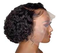 Peluca rizada Pixie Bob para mujer, estilo corto negro con raya lateral, apta para el calor, gorra aireada, correas ajustables para un uso diario seguro