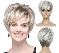 Peluca rizada rubia, pelucas sintéticas cortas y esponjosas, fibra resistente al calor para mujeres blancas, peluca de cabello falso de uso diario con flequillo, aspecto natural-shy01