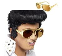 Peluca Rock'n'Roll, negra, look Presley Hombre Adulto+Gafas,Peluca Rockero, Accerosio Rockero, Accesorio Disco,Peluca Hombre Corto Negro Años 70 50, carnaval, (Gafas doradas)