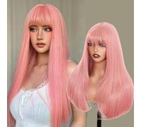 Peluca rosa de 66 cm de largo, color rosa, pelucas sintéticas rectas para mujeres que se usan y llevan al calor, fibra resistente al calor, con flequillo para fiestas diarias, cosplay