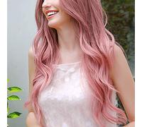Peluca Rosa de Cabello Humano, Peluca Sintética de Parte Media de 27,5 Pulgadas, Malla Rosa Ajustable con Peines Delanteros y Traseros a Prueba de Viento para Cosplay, Fiestas,