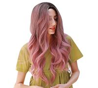 Peluca Rosa de Cabello Humano, Pelucas Largas Onduladas, Peluca Sintética de Parte Media, Malla Rosa de 27,5 Pulgadas, Ajustable con Peines Delanteros y Traseros a Prueba de