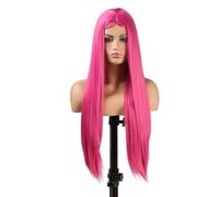 Peluca rosa de encaje de 66 cm, peluca sintética larga y lisa, raya al medio roja, sin pegamento, resistente al calor, for cosplay de mujer Suave y Natural