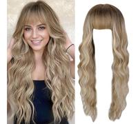 Peluca rubia 31.5 pulgadas de peluca rizada de largo con flequillo ondulado rubio natural con flequillo pelucas de piel sintéticas de seda a alta temperatura para mujeres y niñas para mujeres y niñas