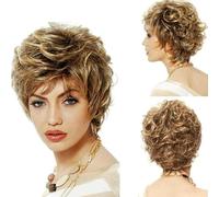Peluca rubia corta y rizada for mujer, peluca de corte Pixie con flequillo, peluca de fibra sintética natural y esponjosa resistente al calor, adecuada for fiestas diarias de mujeres tener puesto