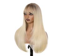Peluca rubia de 26 pulgadas, pelo sintético recto rubio largo para mujeres que se usan y se mueven al calor, fibra resistente al calor, con flequillo para fiestas diarias, cosplay